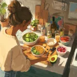 College student preparing healthy appetite-suppressing recipes like overnight oats and smoothie bowls in a cozy dorm kitchen.