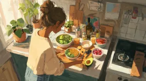 College student preparing healthy appetite-suppressing recipes like overnight oats and smoothie bowls in a cozy dorm kitchen.