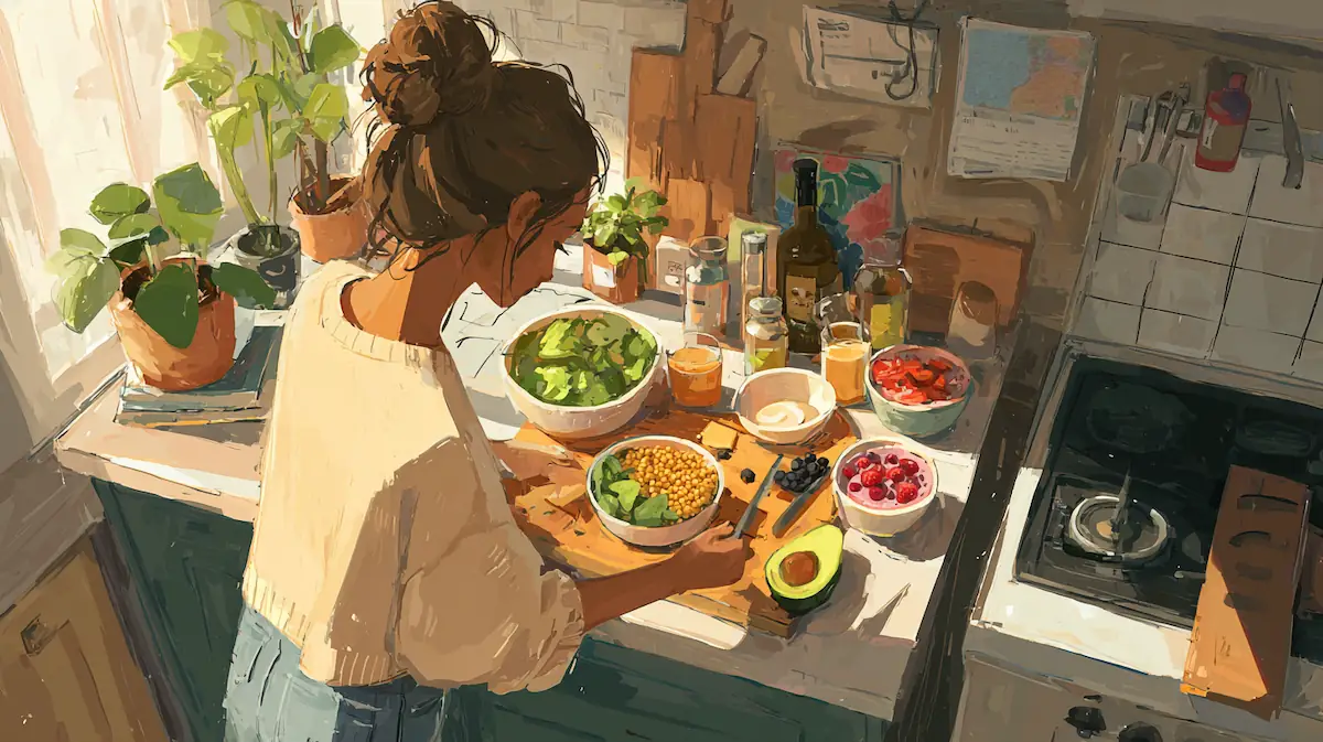 College student preparing healthy appetite-suppressing recipes like overnight oats and smoothie bowls in a cozy dorm kitchen.