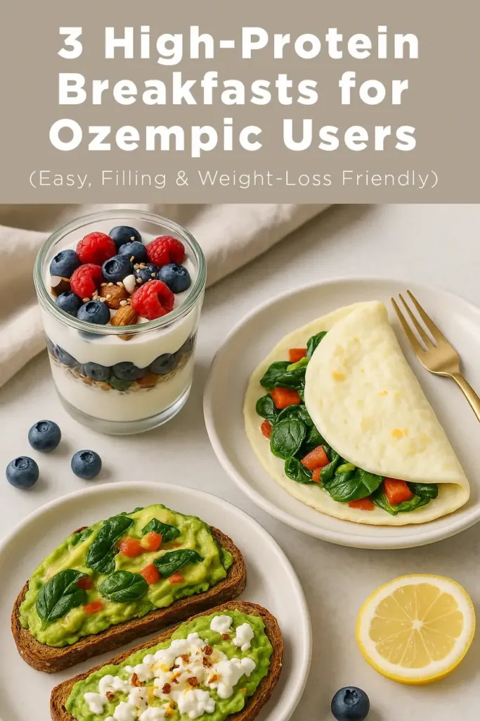 High-protein breakfasts for Ozempic users including Greek yogurt parfait, egg-white omelet, and avocado toast with cottage cheese on a bright table