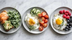 High-protein breakfasts for Ozempic users including Greek yogurt parfait, egg-white omelet, and avocado toast with cottage cheese on a bright table