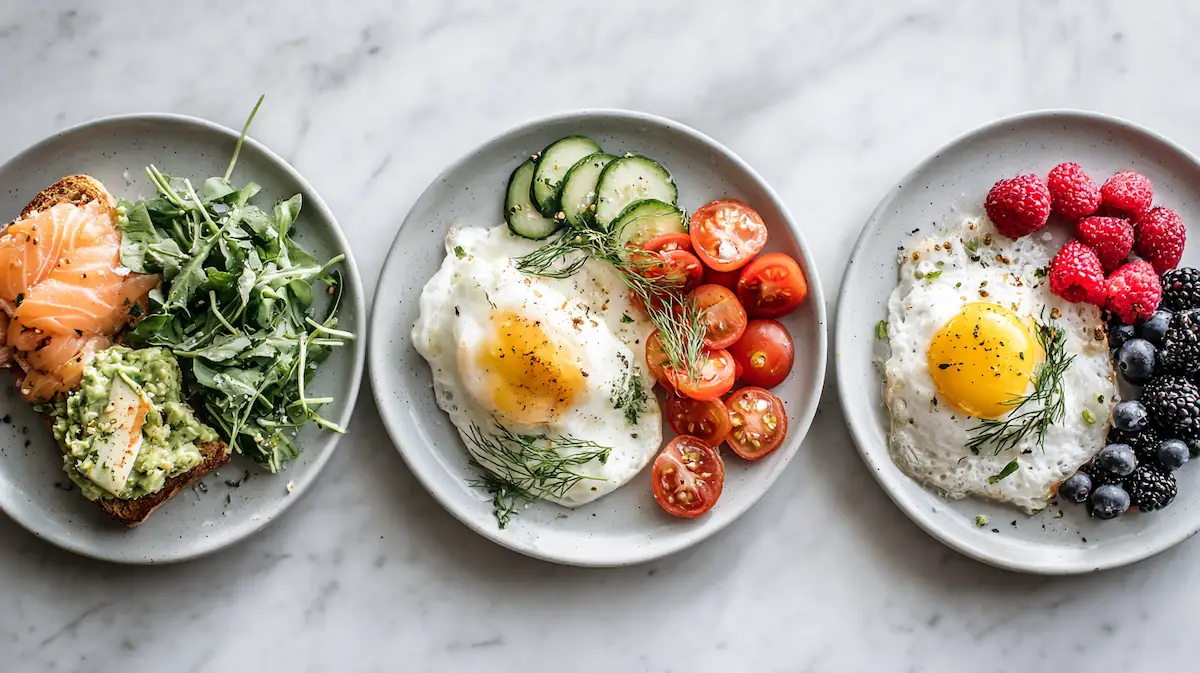 High-protein breakfasts for Ozempic users including Greek yogurt parfait, egg-white omelet, and avocado toast with cottage cheese on a bright table
