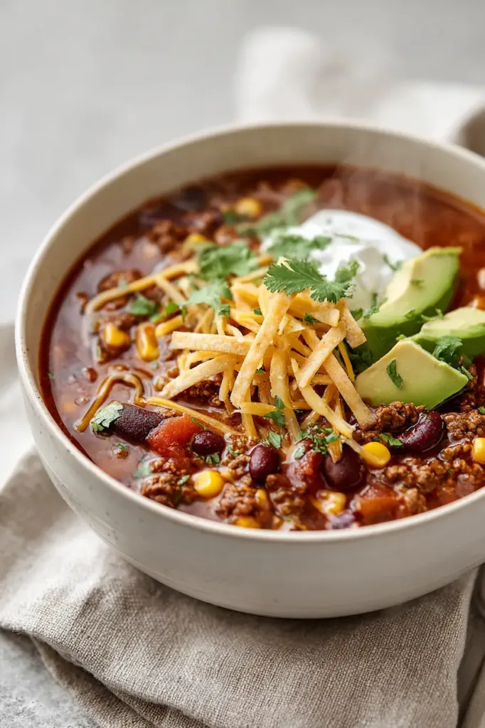 A steaming bowl of taco soup