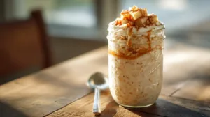 Creamy apple pie overnight oats in a mason jar topped with diced apples and cinnamon on a wooden table