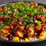 BBQ Chicken Rice Recipe (Easy, High-Protein & Family-Friendly) Bowl of BBQ chicken rice topped with scallions and corn, drizzled with extra BBQ sauce
