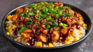 Bowl of BBQ chicken rice topped with scallions and corn, drizzled with extra BBQ sauce