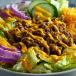 Big Mac Salad bowl with lettuce, seasoned ground beef, pickles, onions, shredded cheddar, and special sauce drizzle.