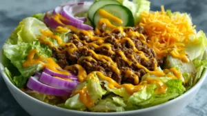 Big Mac Salad bowl with lettuce, seasoned ground beef, pickles, onions, shredded cheddar, and special sauce drizzle.