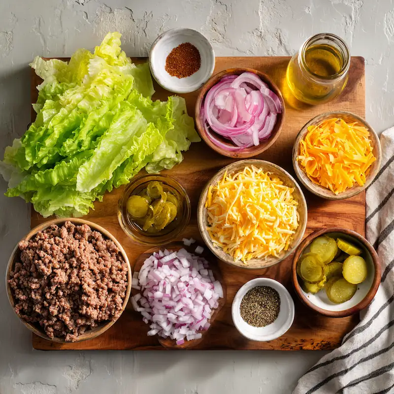 Big Mac Salad ingredients measured out on a cutting board—lettuce ground beef cheese pickles onions spices