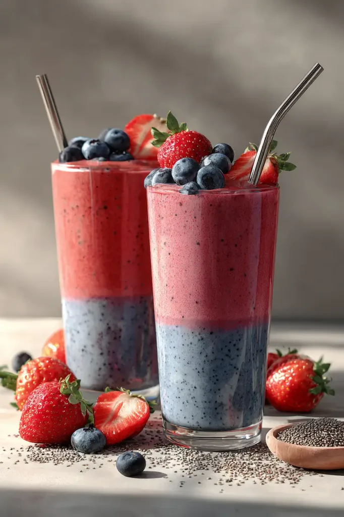 Blender jar filled with kefir, blueberries, oats, and banana, about to be blended.