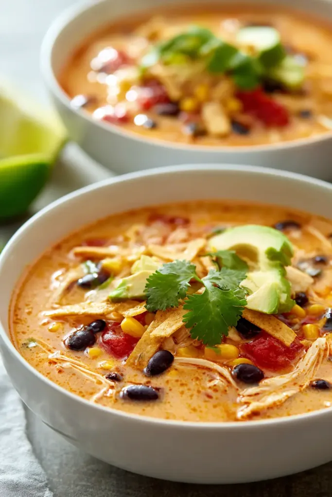 Bowl of creamy chicken tortilla soup garnished with tortilla strips, avocado, cilantro, and a lime wedge.
