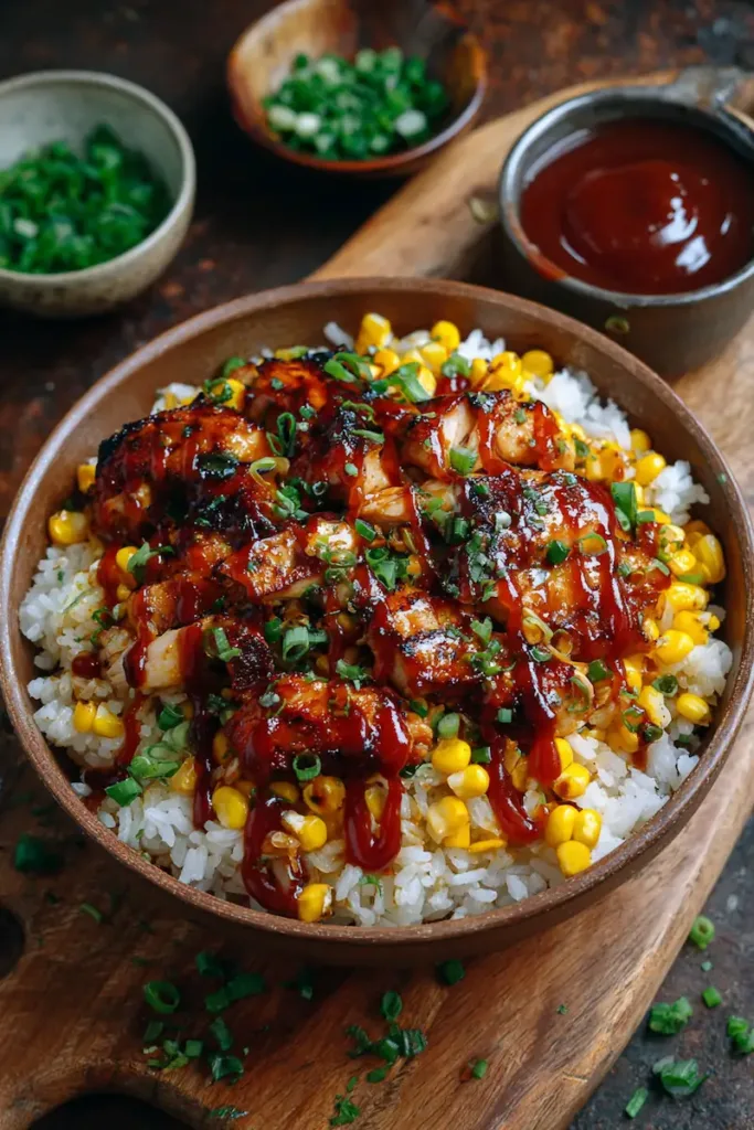Bowl of BBQ chicken rice topped with scallions and corn, drizzled with extra BBQ sauce
