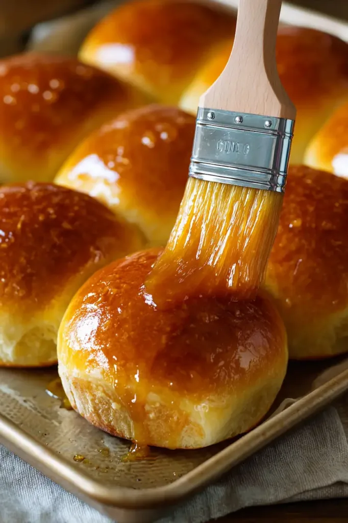 Easy Hot Cross Buns (Soft, Fluffy, No-Fuss Recipe) 5 Brushing warm apricot glaze over golden buns