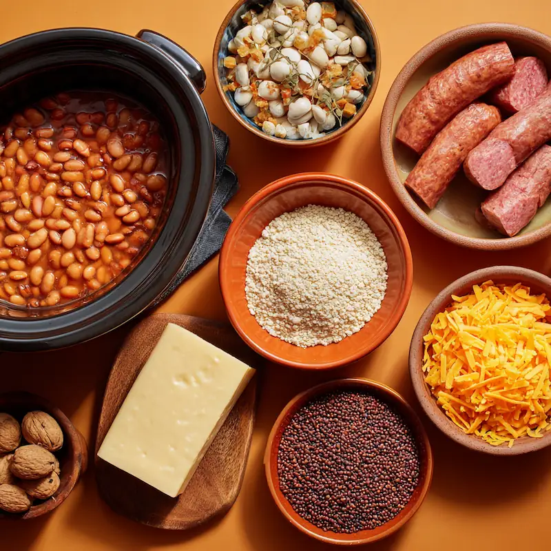 🧀 Cheap & Cheesy Slow Cooker Queso Dip Recipe for Students (5-Ingredient Game Night Snack) 4 Budget friendly swaps like beans sausage and store brand cheese displayed beside a slow cooker