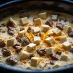 A slow cooker filled with creamy queso dip topped with melted cheese cubes and browned beef.