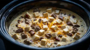 A slow cooker filled with creamy queso dip topped with melted cheese cubes and browned beef.