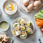 Flatlay of healthy high-protein, low-calorie student meals and snacks for Ozempic-friendly eating, including yogurt bowls, eggs, veggies, hummus, chicken bites, and wraps