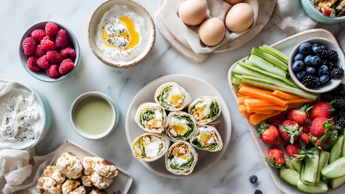 Flatlay of healthy high-protein, low-calorie student meals and snacks for Ozempic-friendly eating, including yogurt bowls, eggs, veggies, hummus, chicken bites, and wraps