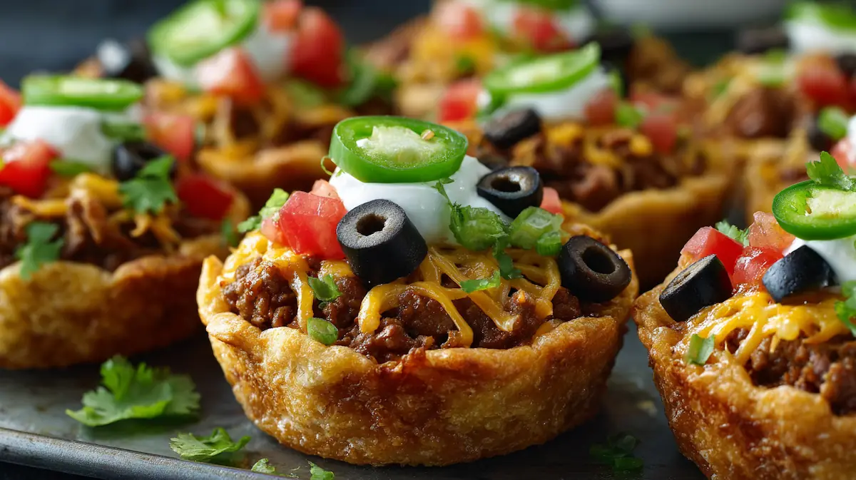 Taco Cupcakes: The Easy, Crunchy, Cheesy Party Bite Everyone Asks For 4 Close-up of baked taco cupcakes in a muffin tin—crispy golden tortilla cups filled with seasoned beef, melted cheese, pico de gallo, and sour cream garnish in bright natural light.