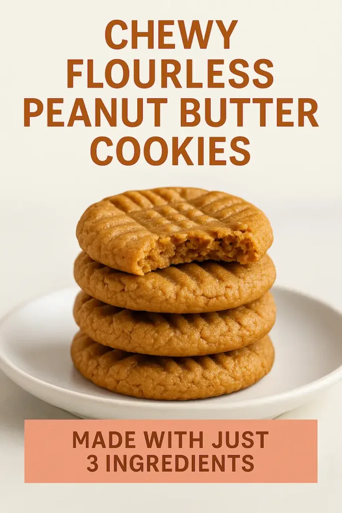 Stack of chewy flourless peanut butter cookies on a plate, showing their soft texture, labeled as a 3-ingredient easy recipe for college students.
