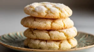 Stack of soft, chewy sugar cookies with crackly sugared tops on a small plate