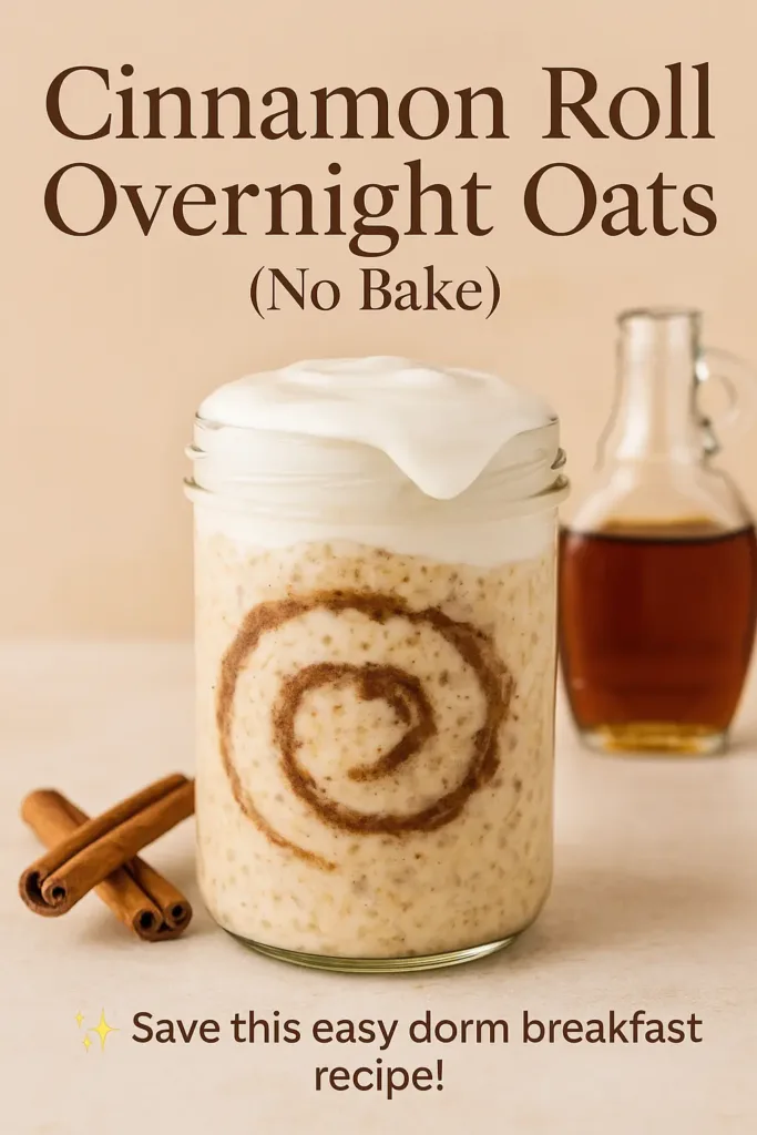 Cinnamon Roll Overnight Oats (No Bake) – Cozy, Cheap & Easy Breakfast for Students 5 Cinnamon Roll Overnight Oats (No Bake) in a glass jar with visible cinnamon swirl and creamy yogurt icing, surrounded by cinnamon sticks and maple syrup — cozy dorm breakfast idea.