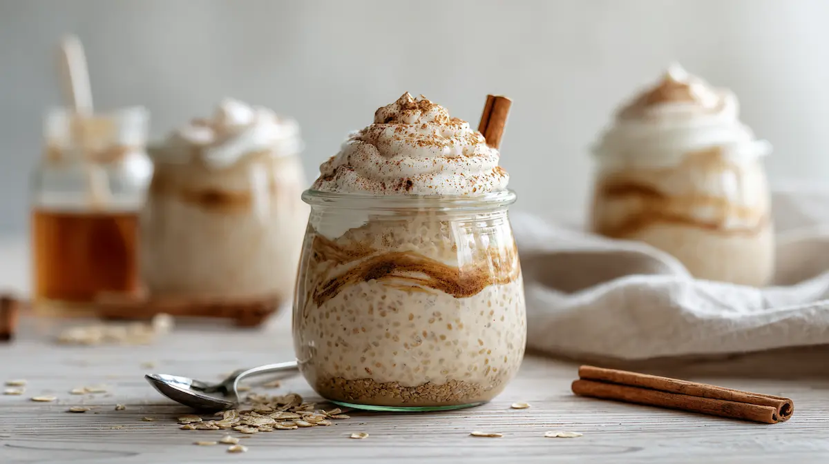 Cinnamon Roll Overnight Oats (No Bake) – Cozy, Cheap & Easy Breakfast for Students 1 Cinnamon Roll Overnight Oats (No Bake) in a mason jar with cinnamon swirl and creamy yogurt icing on top