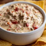 Close-up of creamy Rotel dip with sausage and tomatoes in a white bowl, surrounded by tortilla chips.