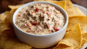 Close-up of creamy Rotel dip with sausage and tomatoes in a white bowl, surrounded by tortilla chips.