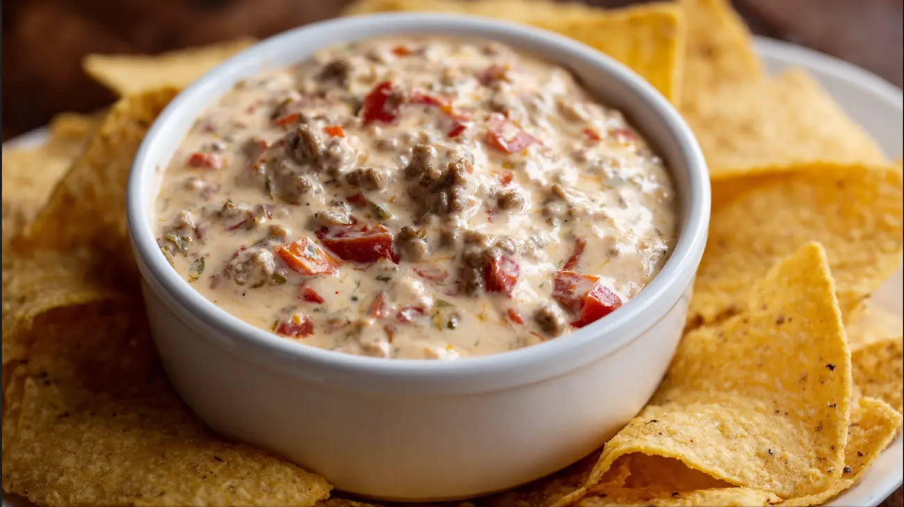 Close-up of creamy Rotel dip with sausage and tomatoes in a white bowl, surrounded by tortilla chips.
