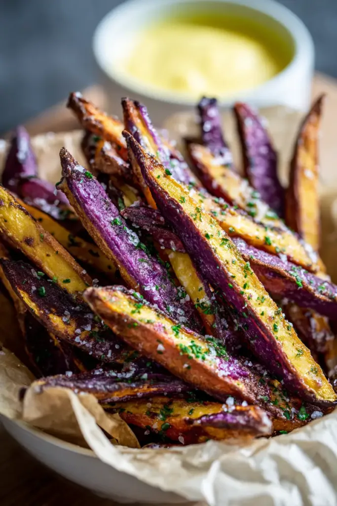 Close-up of crispy baked purple sweet potato fries in a white bowl with parchment paper, topped with herbs and flaky salt, served with a small garlic dipping sauce.