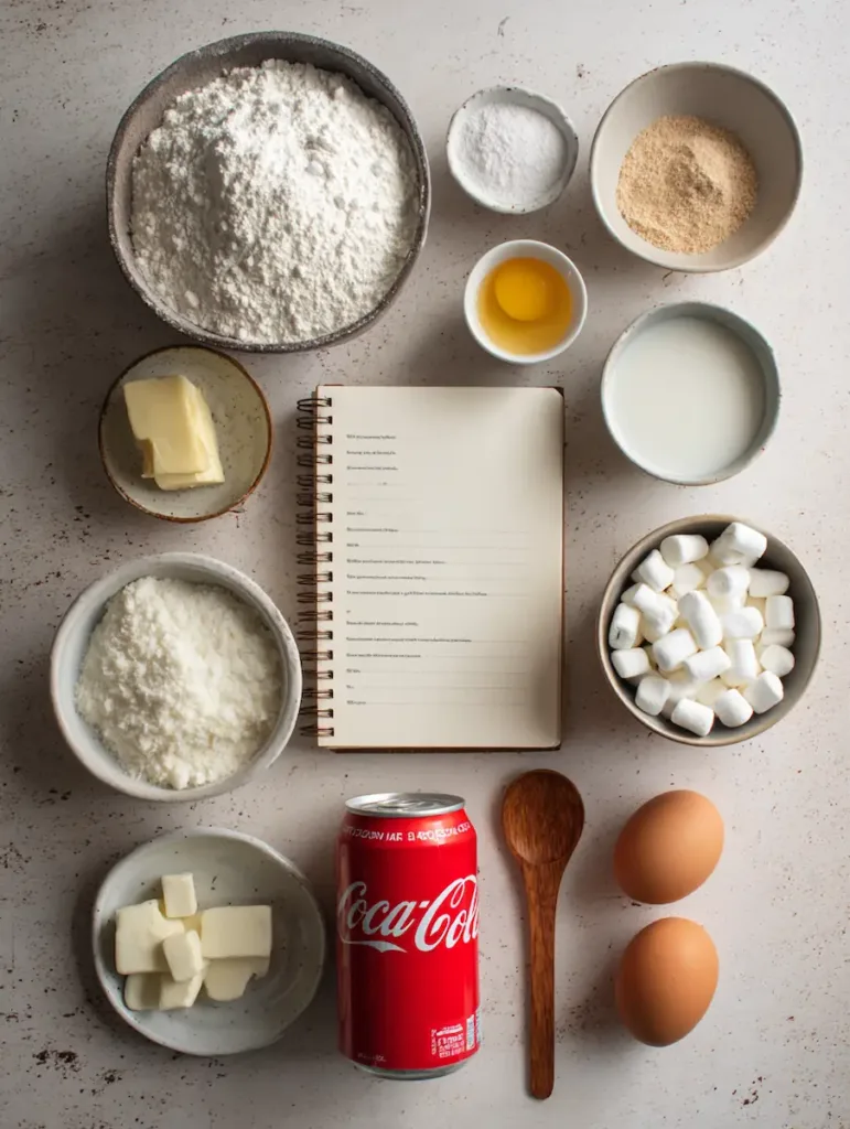 Overhead flat lay of Coca-Cola Cake ingredients including flour, sugar, cocoa, butter, eggs, and Coca-Cola can on a student kitchen counter.