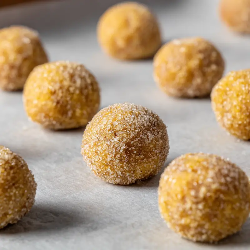 Cookie dough balls coated in sugar on a parchment-lined baking sheet