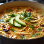 Steaming pot of creamy chicken tortilla soup with shredded chicken, corn, black beans, tomatoes, and tortilla strips on top.