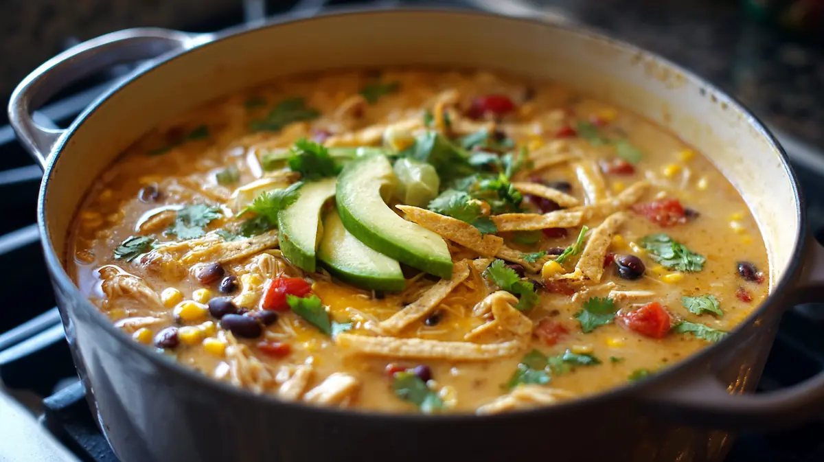 Steaming pot of creamy chicken tortilla soup with shredded chicken, corn, black beans, tomatoes, and tortilla strips on top.