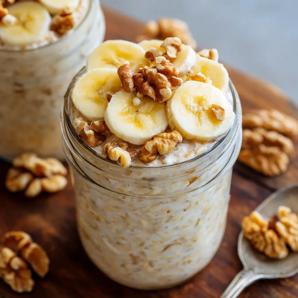 Creamy banana bread overnight oats in a mason jar topped with banana slices and walnuts