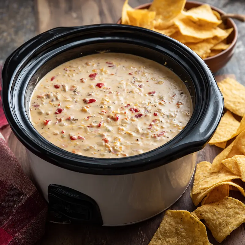 Small slow cooker filled with creamy Rotel dip set to warm with tortilla chips nearby