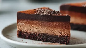 Slice of dark chocolate mousse cake with chocolate sponge base and cocoa-dusted top on a white plate