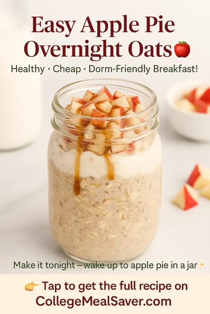 Apple Pie Overnight Oats Recipe for Students 2 Apple pie overnight oats in a mason jar layered with creamy yogurt, diced apples, cinnamon, and maple drizzle, labeled as a healthy, cheap breakfast for students.