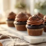 Freshly baked cake chocolate cupcakes with rich chocolate frosting on a kitchen counter