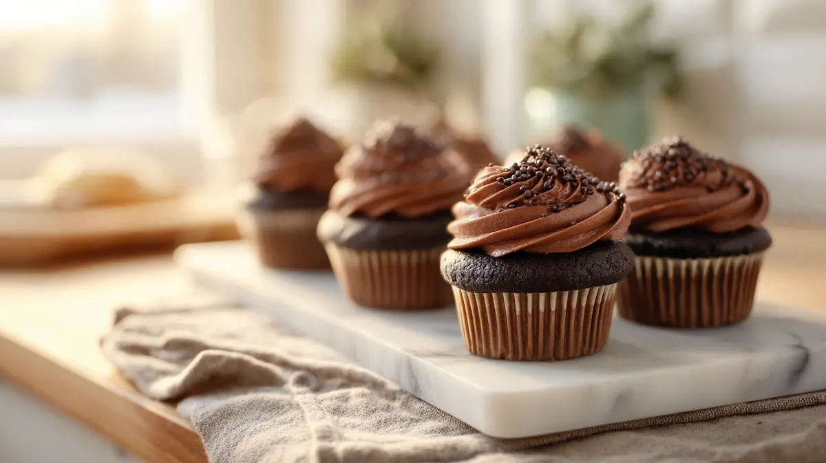 Easy Cake Chocolate Cupcakes (Moist, Fluffy & Foolproof) 1 Freshly baked cake chocolate cupcakes with rich chocolate frosting on a kitchen counter