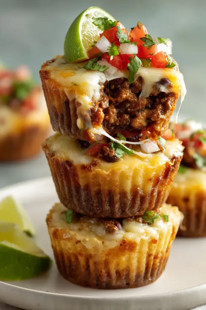 Taco Cupcakes: The Easy, Crunchy, Cheesy Party Bite Everyone Asks For 3 Stack of taco cupcakes on a white plate showing cheesy seasoned beef and bean filling inside crispy tortilla cups, topped with pico de gallo, jalapeños, and lime wedges—bright natural light, Tex-Mex appetizer aesthetic.
