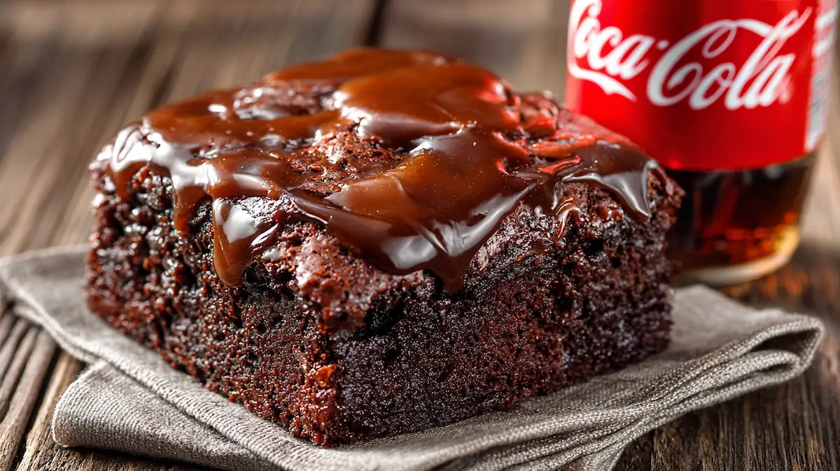 Moist Coca-Cola Cake with glossy chocolate glaze served on a student kitchen table