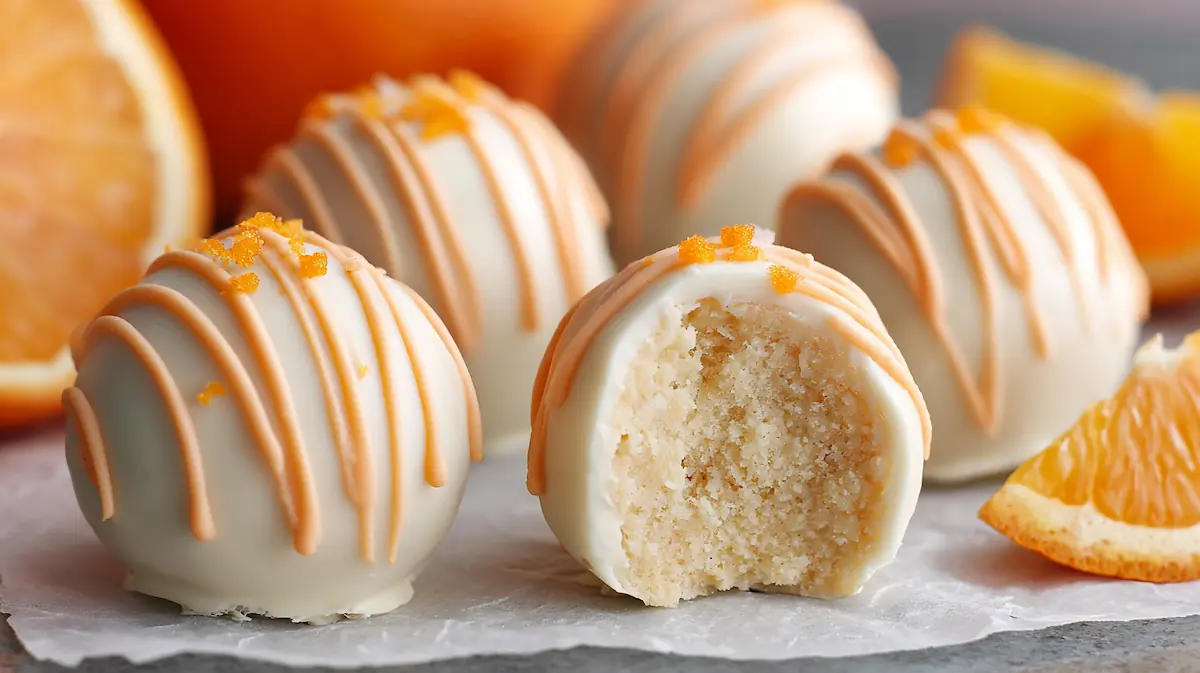 Easy, Family-Friendly No Bake Orange Creamsicle Truffles 1 Close-up of No Bake Orange Creamsicle Truffles with pastel orange and white drizzle on parchment