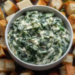 Bowl of creamy Knorr spinach dip surrounded by fresh bread cubes