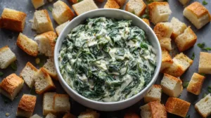 Bowl of creamy Knorr spinach dip surrounded by fresh bread cubes