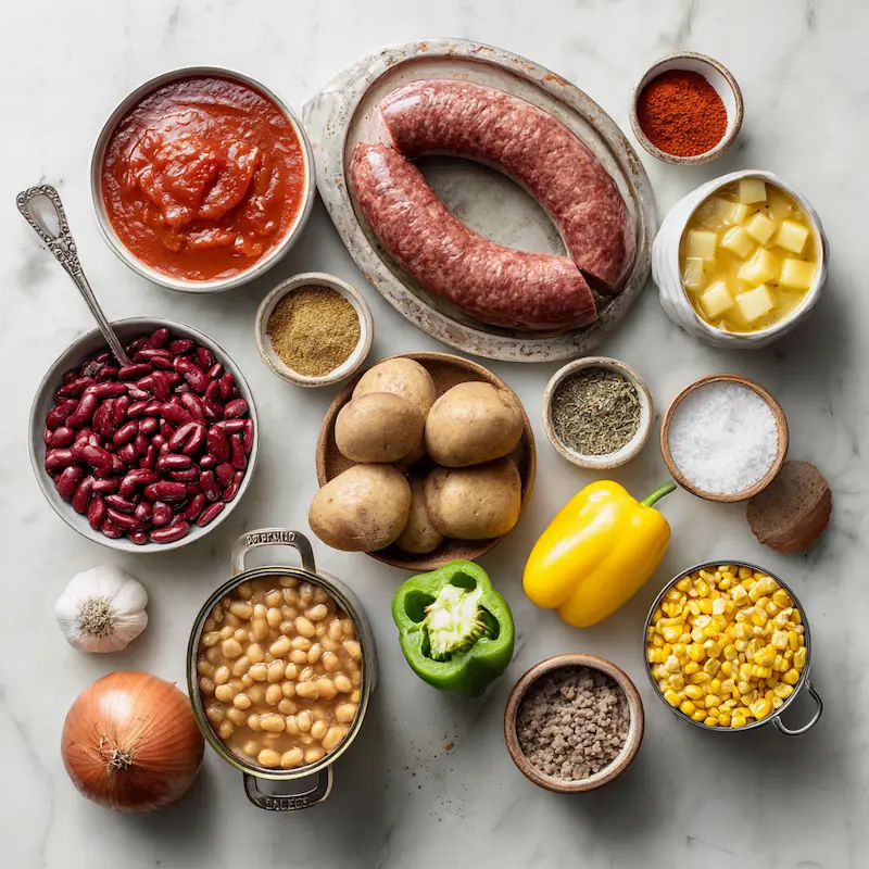 One Pot Cowboy Stew (Easy, Hearty & Budget-Friendly) 2 Flatlay of cowboy stew ingredients on a white countertop — smoked sausage, ground beef, russet potatoes, canned tomatoes, tomato sauce, corn, pinto beans, green chiles, onion, bell pepper, garlic, beef broth, and spices arranged in small bowls under bright natural light.