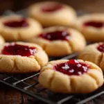 Freshly baked raspberry thumbprint cookies on a cooling rack