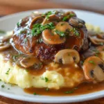 🥩 Easy Salisbury Steak Recipe with Gravy — Cheap College Comfort Food You’ll Crave Salisbury steak recipe plated with brown mushroom gravy, mashed potatoes, and parsley on a white dish.