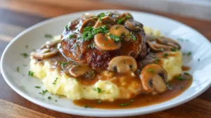 Salisbury steak recipe plated with brown mushroom gravy, mashed potatoes, and parsley on a white dish.